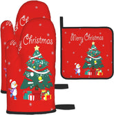 Winter Tree Oven Mitts - and Pot Holder Gloves Women Men Safe Cooking Oven Gloves for BBQ Cooking Housewarming Kitchen Decoration（ Red Oven Mitts Set Red）