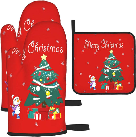 Winter Tree Oven Mitts - and Pot Holder Gloves Women Men Safe Cooking Oven Gloves for BBQ Cooking Housewarming Kitchen Decoration（ Red Oven Mitts Set Red）