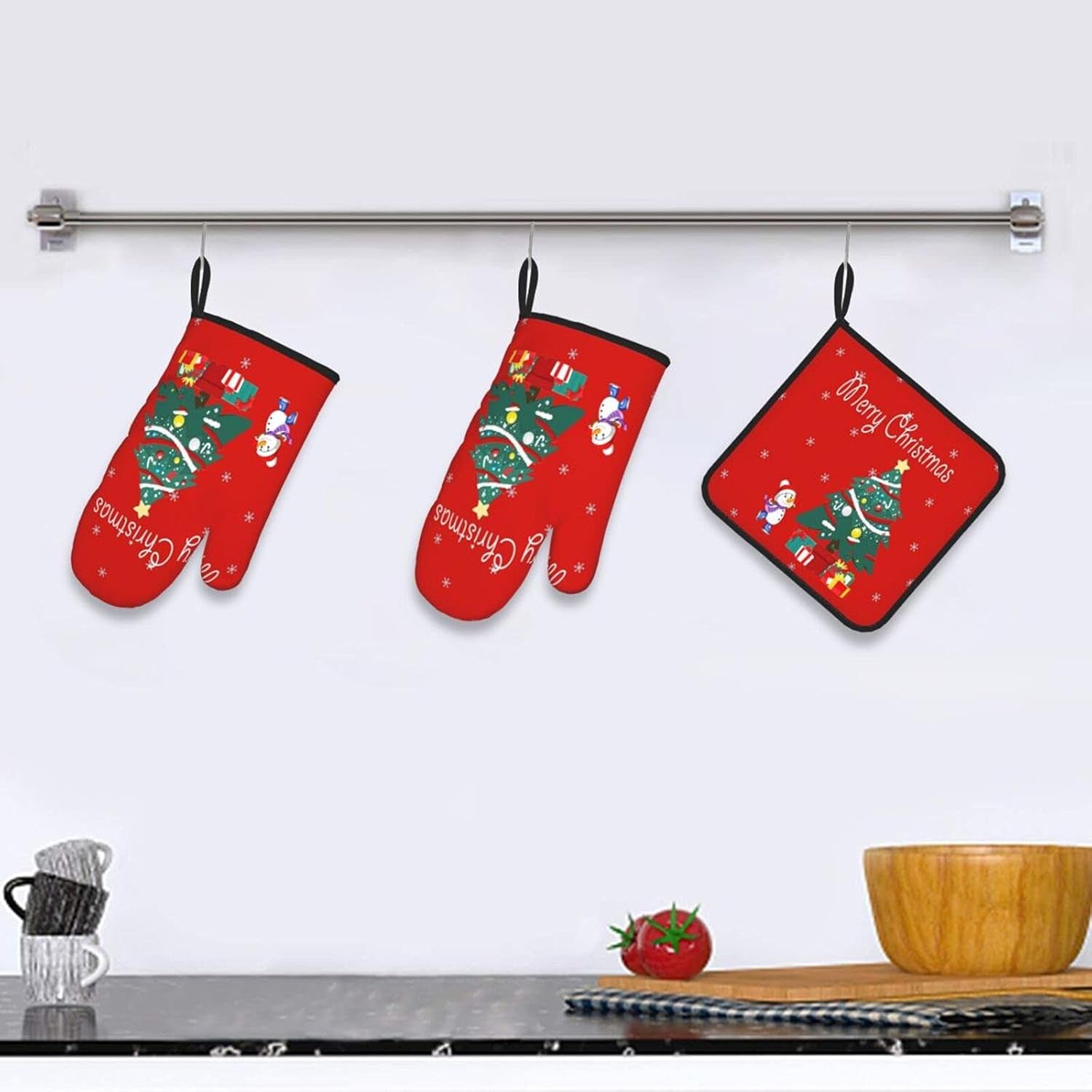 Winter Tree Oven Mitts - and Pot Holder Gloves Women Men Safe Cooking Oven Gloves for BBQ Cooking Housewarming Kitchen Decoration（ Red Oven Mitts Set Red）