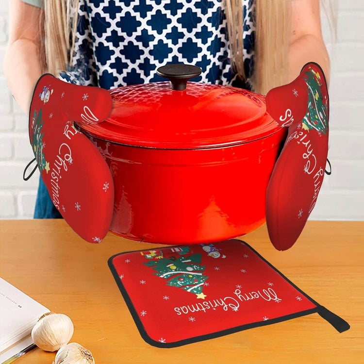 Winter Tree Oven Mitts - and Pot Holder Gloves Women Men Safe Cooking Oven Gloves for BBQ Cooking Housewarming Kitchen Decoration（ Red Oven Mitts Set Red）