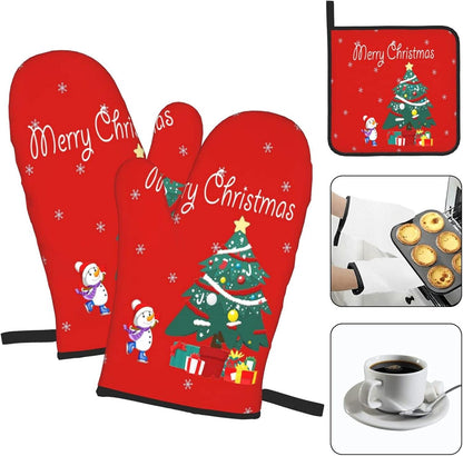 Winter Tree Oven Mitts - and Pot Holder Gloves Women Men Safe Cooking Oven Gloves for BBQ Cooking Housewarming Kitchen Decoration（ Red Oven Mitts Set Red）