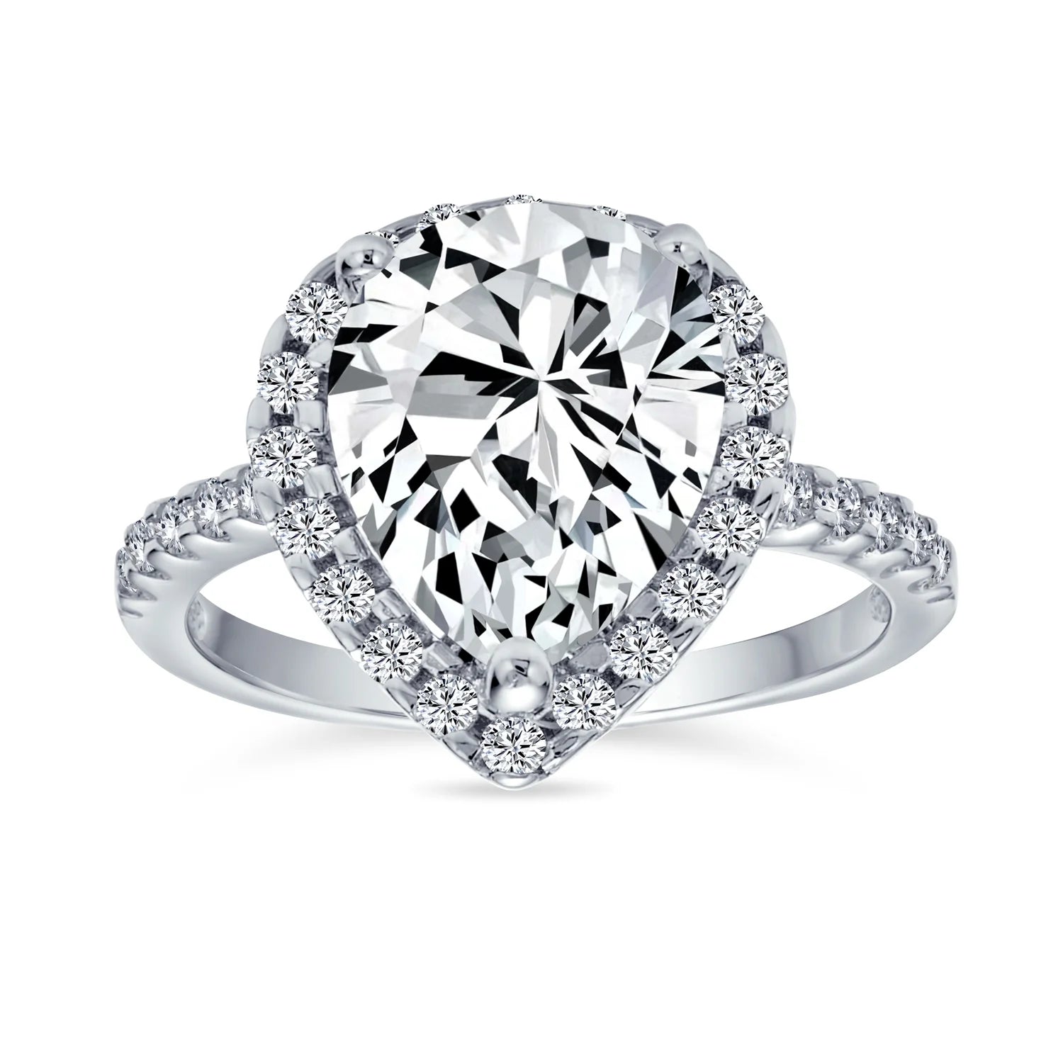 Womens 10CT Pear Shaped Halo Solitaire Engagement Ring CZ Pave Band